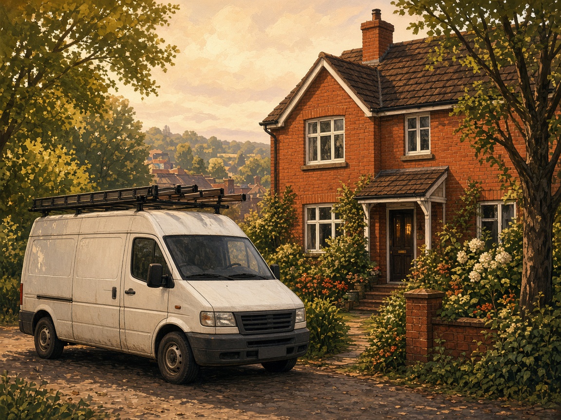 Crew van beside a home during a maintenance visit